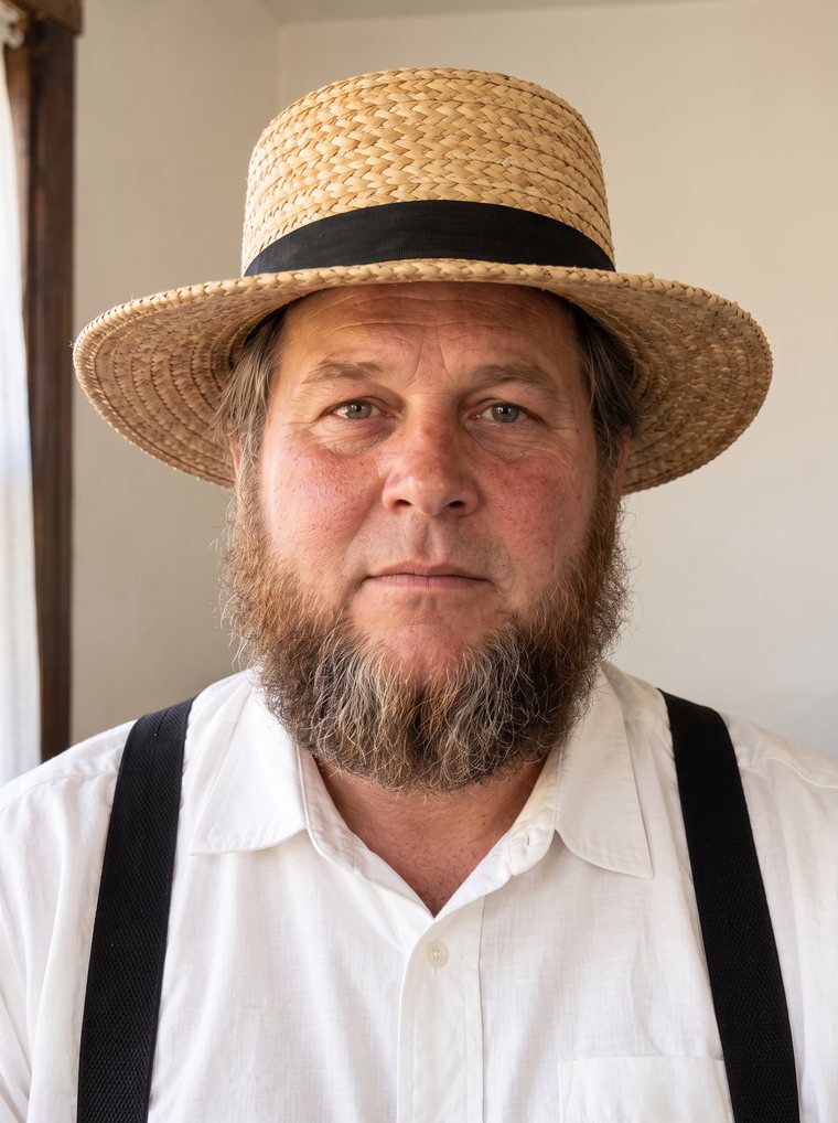 Jonas Byler in his straw hat, by a window