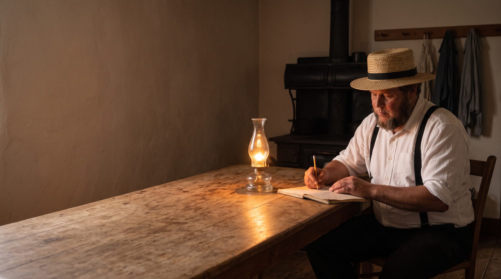 Jonas Byler writing in a notebook by an oil lamp at a long kitchen table