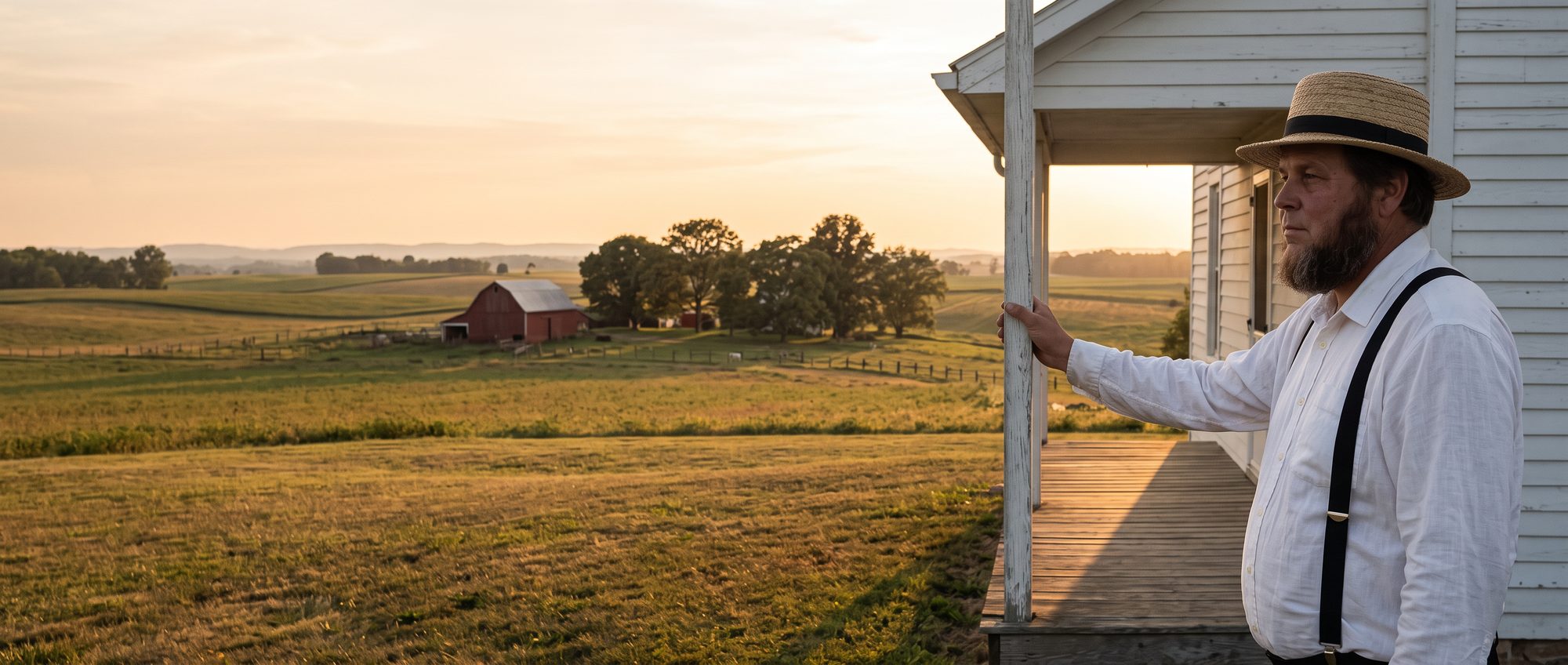 Jonas Byler on his farmhouse porch at golden hour, looking out over the fields